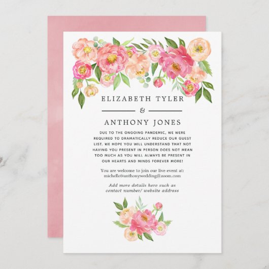 Pastelroze bloemige trouwfeest met beperkte gasten aankondiging (Voorkant / Achterkant)