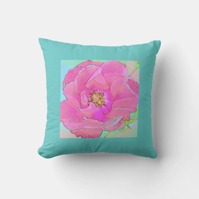Pastelroze bloemlichtblauwe rand kussen (Voorkant)