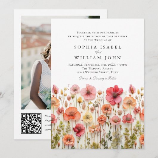 Pastelroze Boho-wildebloemen Huwelijks-QR-code Fot Kaart (Voorkant / Achterkant)