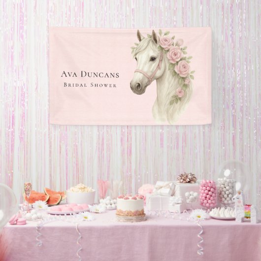 Pastelroze canvas paard & bloemen bruidsdouche spandoek (Feest)