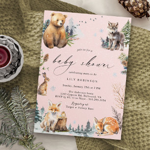 Pastelroze   Cute Winter Bos Meisje Babyshower Kaart