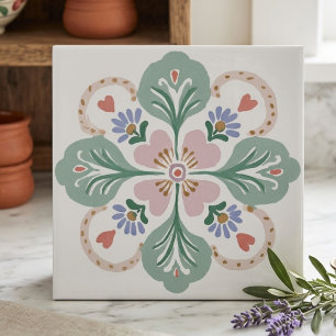 Pastelroze en groene folk art bloemkeramiektegel tegeltje