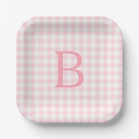 Pastelroze en wit geruit monogram papieren bordje (Voorkant)