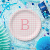 Pastelroze en witte geruite monogram papieren bordje (Feest)