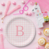 Pastelroze en witte geruite monogram papieren bordje (Feest)