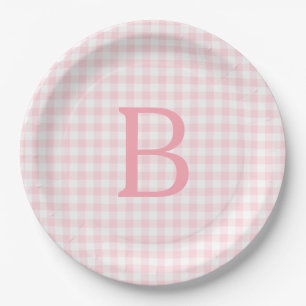 Pastelroze en witte geruite monogram papieren bordje