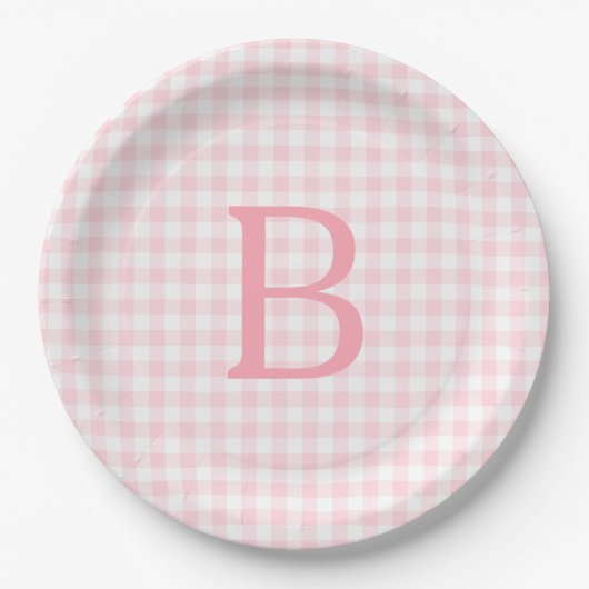 Pastelroze en witte geruite monogram papieren bordje (Voorkant)