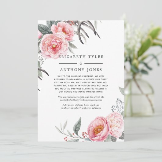 Pastelroze & grijs boho bloemmotief beperkte gastl aankondiging (Staand voorkant)