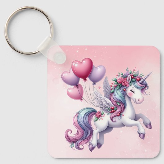 Pastelroze grillige eenhoorn sleutelhanger (Voorkant)