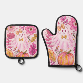 Pastelroze Halloween-geest met bloemen en pompoen Ovenwant & Pannenlap Set