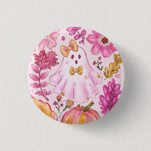 Pastelroze Halloween-geest met bloemen en pompoen Ronde Button 3,2 Cm