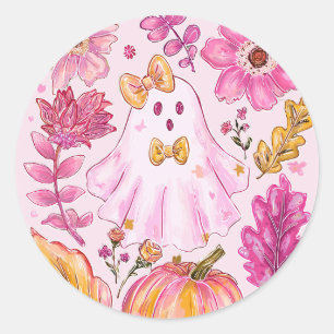 Pastelroze Halloween-geest met bloemen en pompoen Ronde Sticker