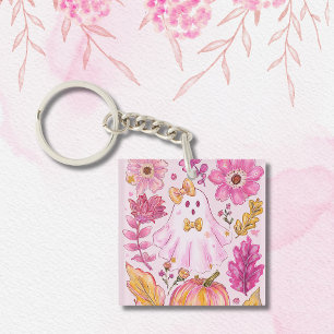 Pastelroze Halloween-geest met bloemen en pompoen Sleutelhanger