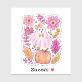 Pastelroze Halloween-geest met bloemen en pompoen Sticker