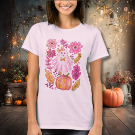 Pastelroze Halloween-geest met bloemen en pompoen T-shirt
