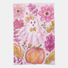 Pastelroze Halloween-geest met bloemen en pompoen Theedoek