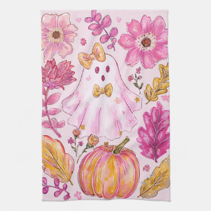 Pastelroze Halloween-geest met bloemen en pompoen Theedoek