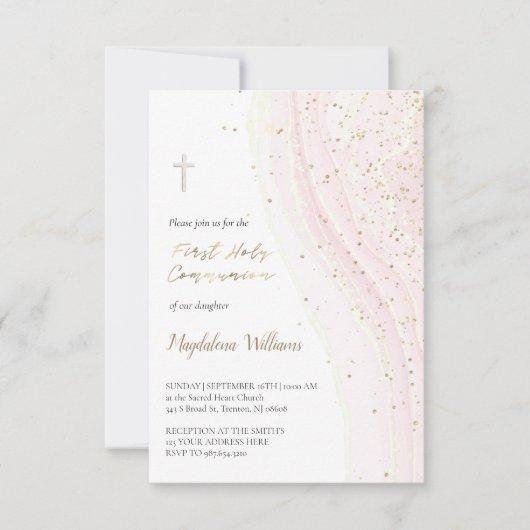 pastelroze inkt en FAUX glitter | Eerste communie Kaart (Voorkant)