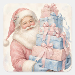 Pastelroze Kerstman met cadeaus Vierkante Sticker