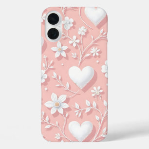 PASTELROZE MET WITTE HARTEN EN BLOEMEN iPhone 16 PLUS HOESJE