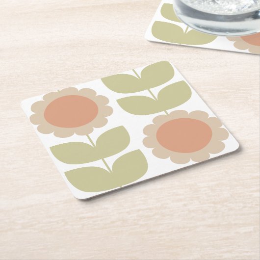 Pastelroze Retro Bloemmotief uit het Midden van de Kartonnen Onderzetters (Schuin)