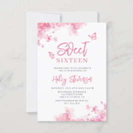 Pastelroze romantische bloemige waterverf Sweet 16 Kaart