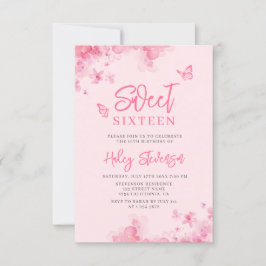 Pastelroze romantische bloemige waterverf Sweet 16 Kaart
