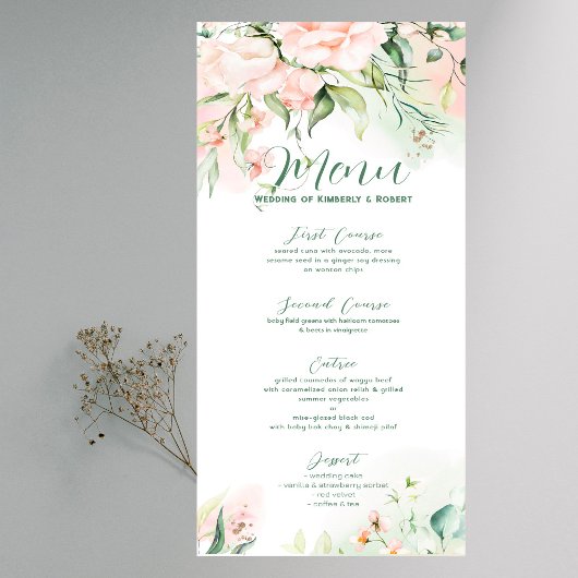 Pastelroze rozen huwelijksframe menu kaart