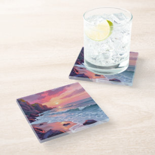 Pastelroze strand zonsondergang oceaan golven aqua glazen onderzetter