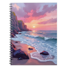 Pastelroze strand zonsondergang oceaan golven aqua notitieboek