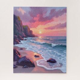 Pastelroze strand zonsondergang oceaan golven wate legpuzzel