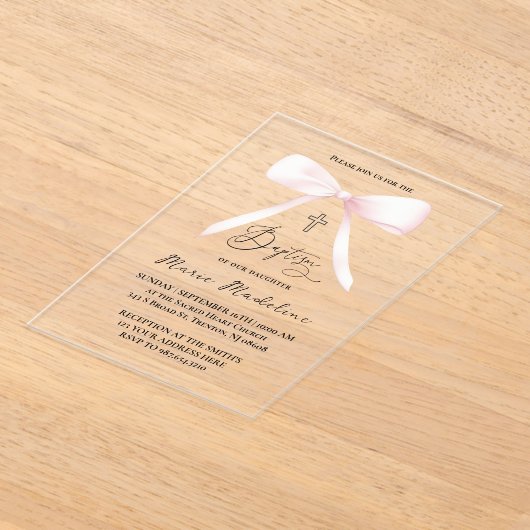 pastelroze strik | doop acryl uitnodigingen (Laagn)