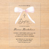 pastelroze strik | doop acryl uitnodigingen (Voorkant)