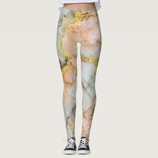 Pastelroze, Teal, Wit Marmer Leggings (Voorkant)