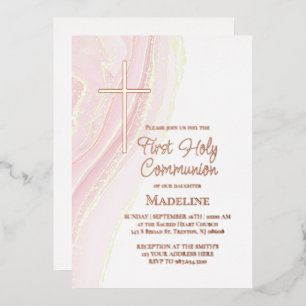 pastelroze waterverf Eerste Heilige Communie Folie Uitnodiging