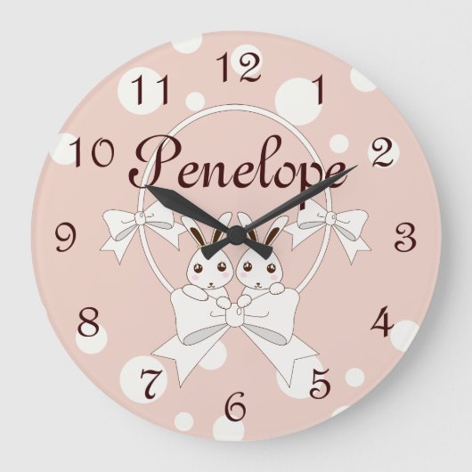 Pastelroze wit lint en knuffel konijntjes tweeling grote klok (Voorkant)