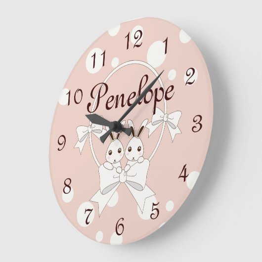 Pastelroze Wit Lint en Moppige Tweeling Konijn Grote Klok (Hoek)