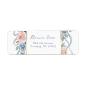 Pastelroze, witte en blauwe rozen en lint etiket (Voorkant)
