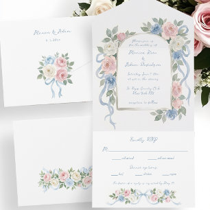 Pastelroze, witte en blauwe rozen & lintboog all in one uitnodiging