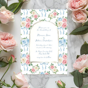 Pastelroze, witte en blauwe rozen & lintboog kaart