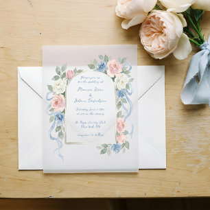 Pastelroze, witte en blauwe rozen & lintboog vellum uitnodigingen