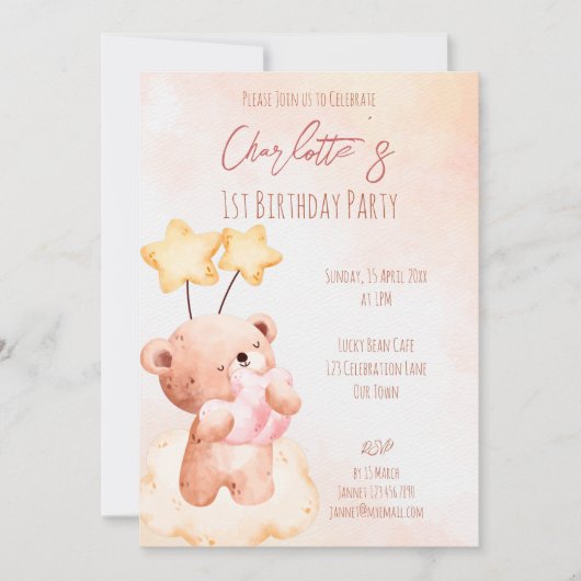 Pastelroze zoete teddybeer verjaardagsfeestje  kaart (Voorkant)