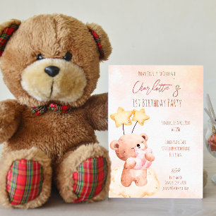 Pastelroze zoete teddybeer verjaardagsfeestje kaart