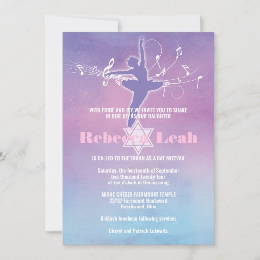  Pastels Ballet Dance, Dancer Bat Mitzvah Kaart (Voorkant)