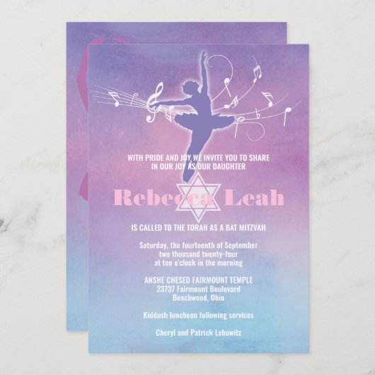 Pastels Ballet Dance, Dancer Bat Mitzvah Kaart (Voorkant / Achterkant)