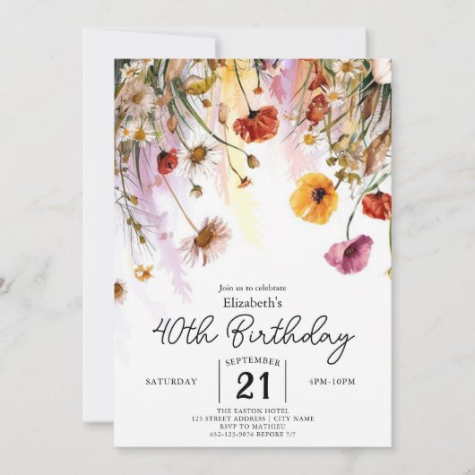 Pastels Bloemen Wildbloemen 40e verjaardag Kaart (Voorkant)