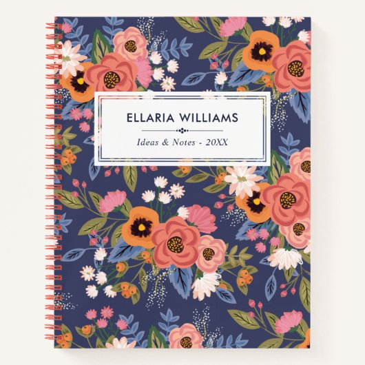 Pastels & Dark Blue Boho Floral Pattern Name Notitieboek (Voorkant)