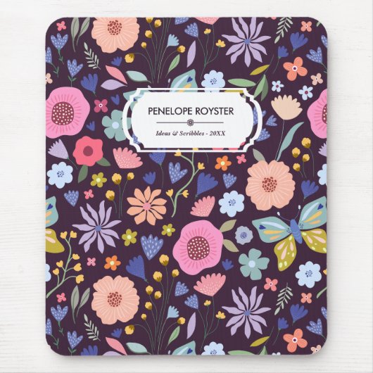 Pastels & Dark Plum Floral Pattern Name Mouse Pad Muismat (Voorkant)