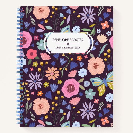 Pastels & Dark Plum Floral Pattern Name Notebook Notitieboek (Voorkant)