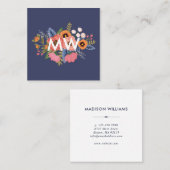 Pastels & Donkerblauw Boho Bloemboeket Monogram Vierkante Visitekaartje (Voorkant / Achterkant)